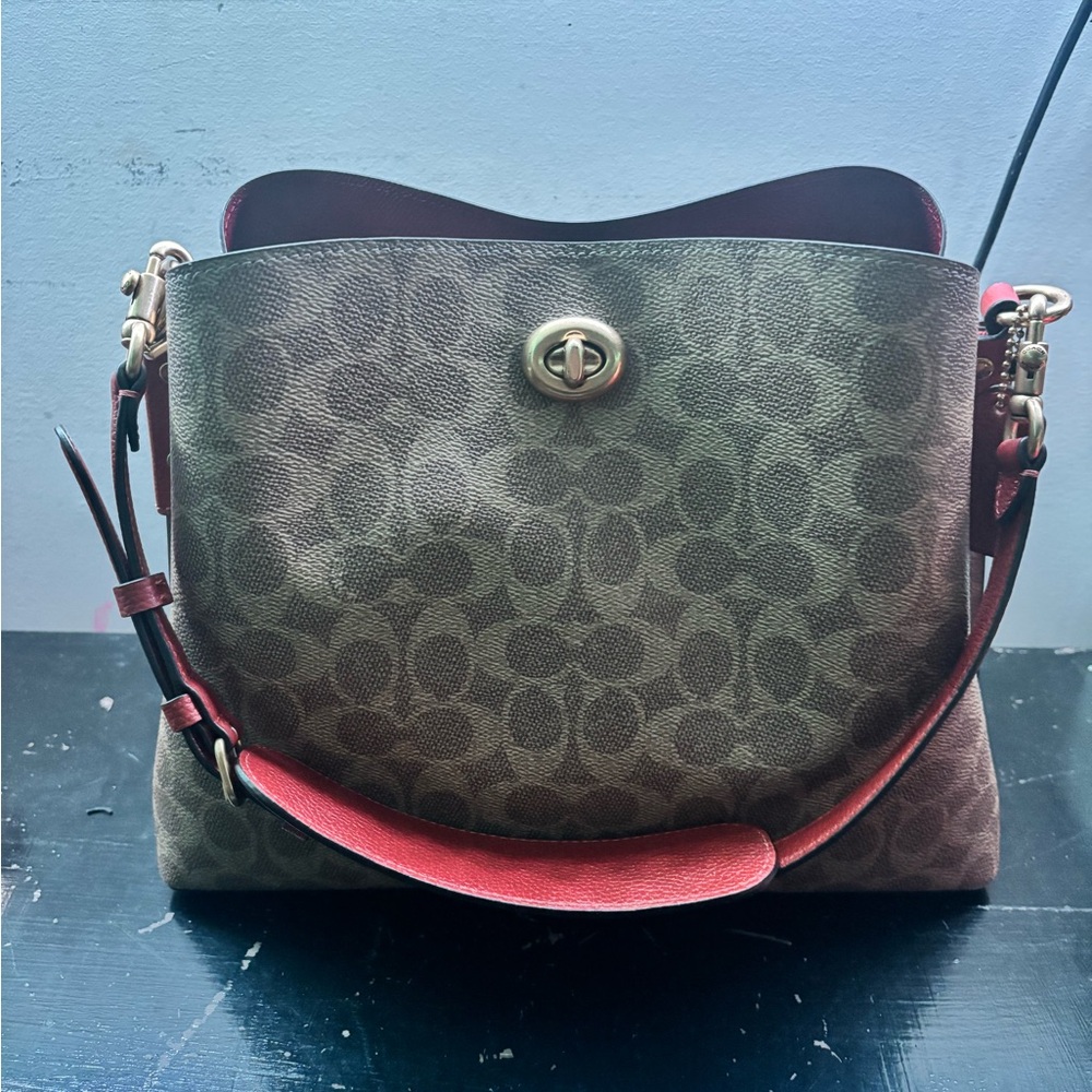 Coach Brown and Red Signature Shoulder Bag